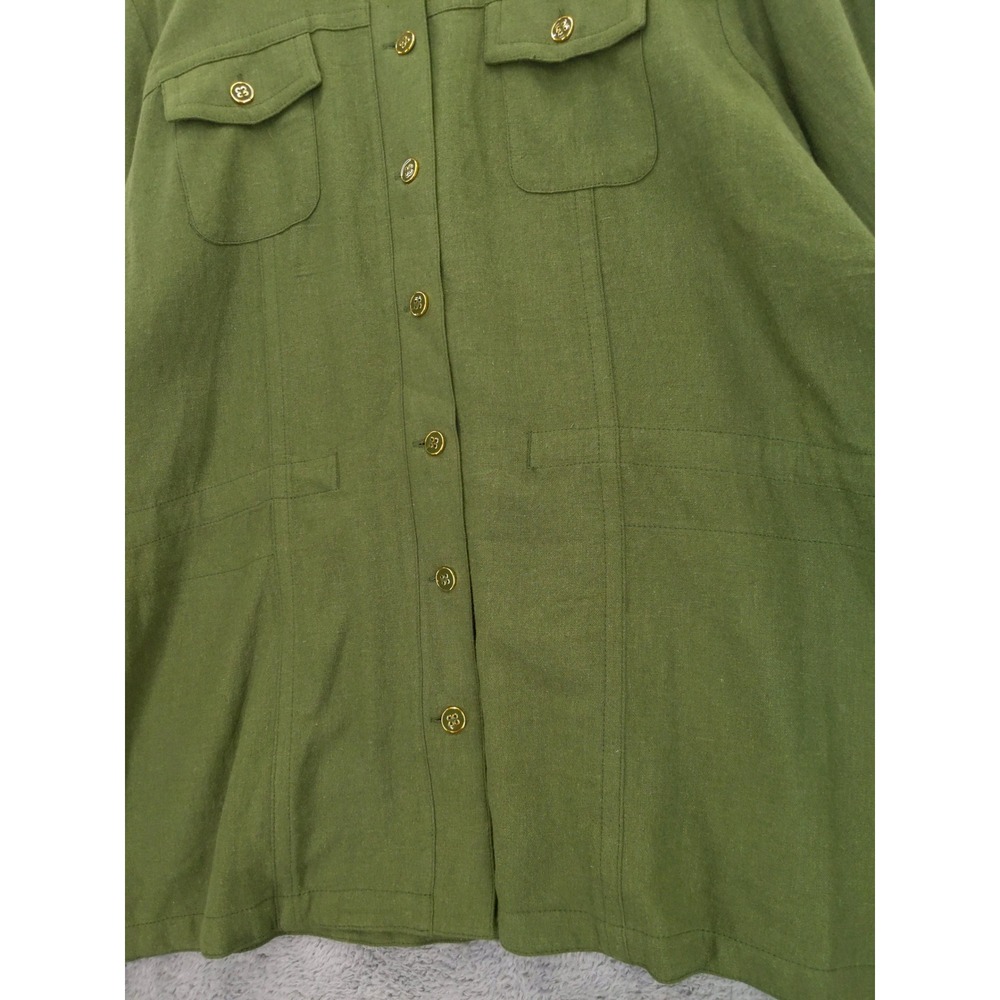Susan Graver Pure Olive Green Linen Blend Mandarin Collar Button Up Shirt Top XL - Picture 3 of 10